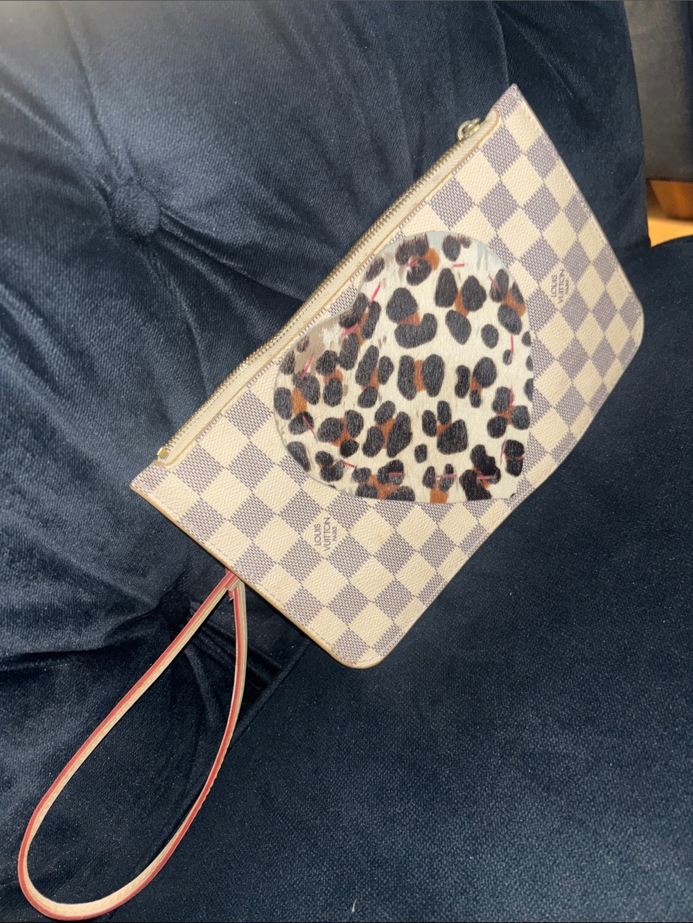 LV Checkered Wristlet with Leopard Accent - Cream/Brown